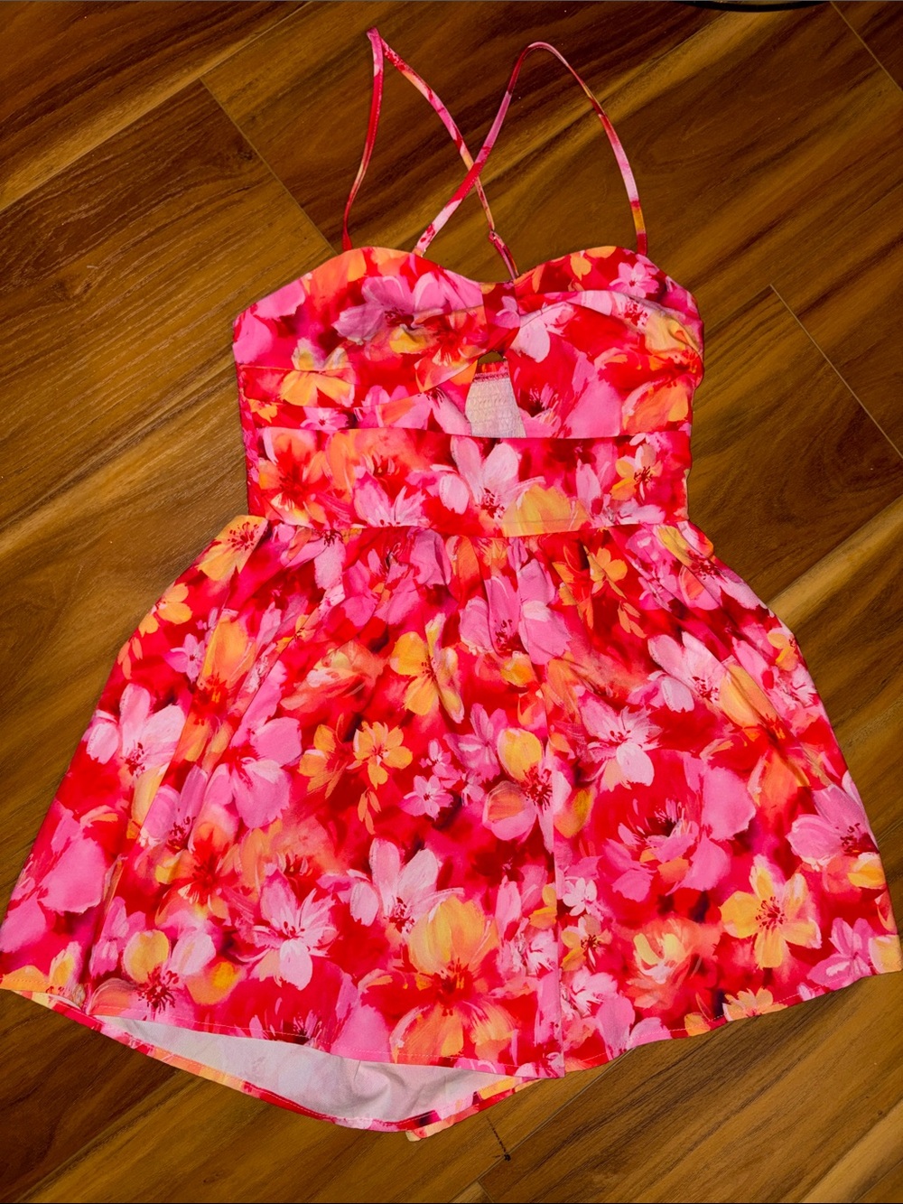 Floral Strappy Romper in Bright Pink & Red XXS adjustable straps